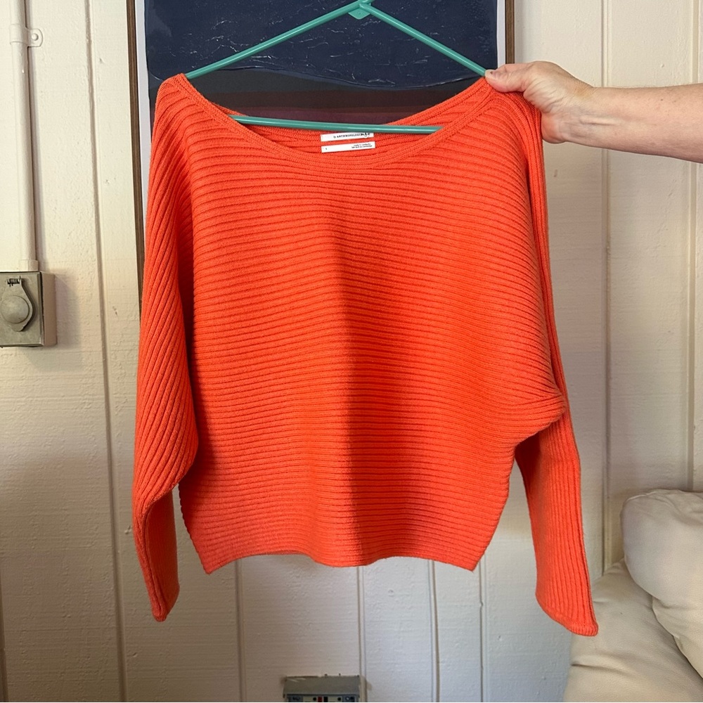 NEW ANTHROPOLOGIE ORANGE RIBBED BOATNECK CROP SWEATER L